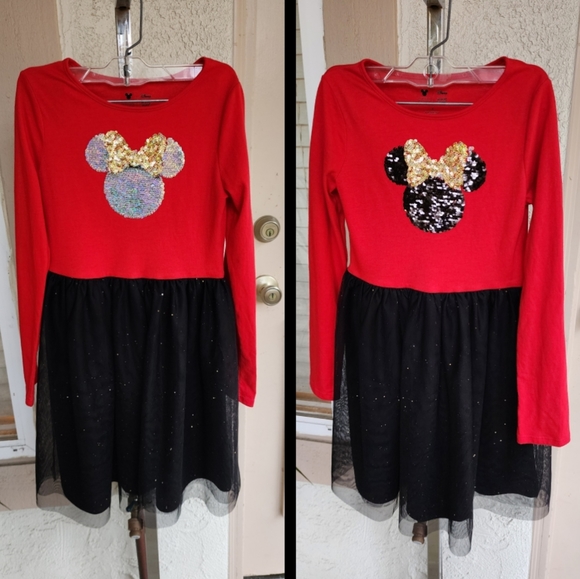 8 Girls Kids DISNEY Sequin Minnie Mouse Long Sleeve Tulle Dress red black - Picture 1 of 13